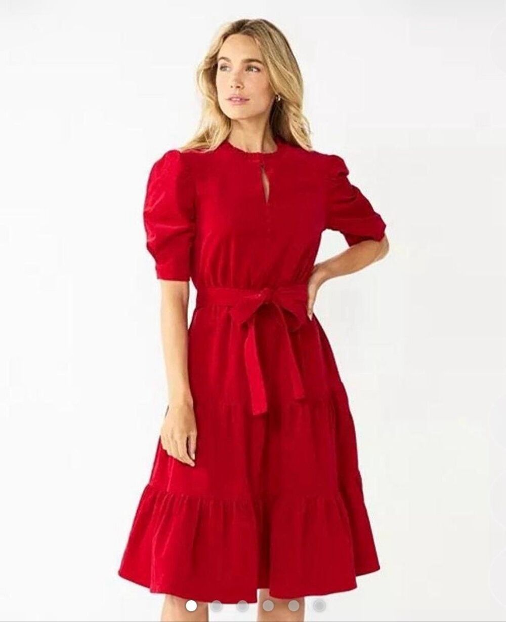 Draper James Red tiered a line dress 2x with tie velvety corduroy